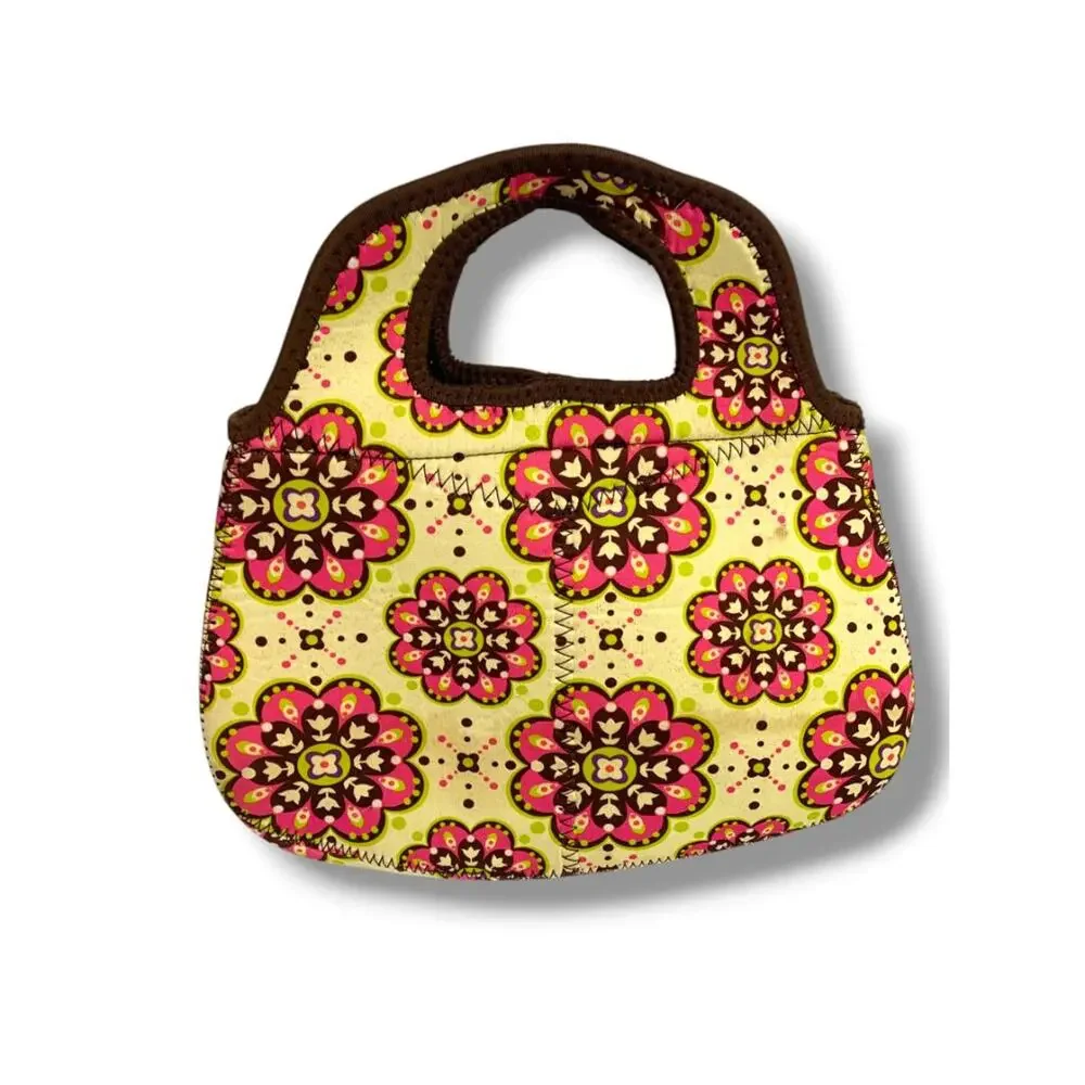 Neoprene Lunch Tote Yellow Pink Floral Handles 8